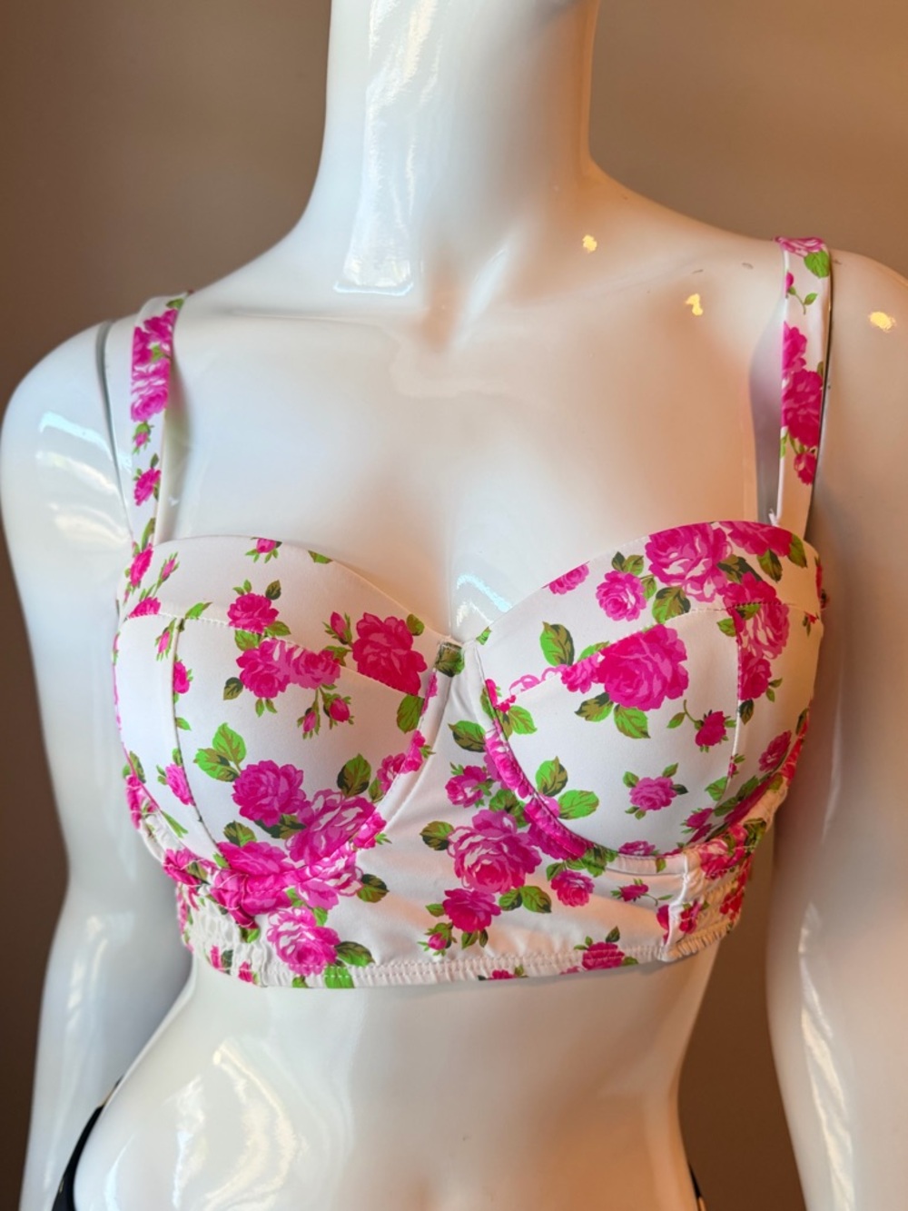 Betsey Johnson Bikini Top White Bustier Bralette with Hot Pink Rose Print